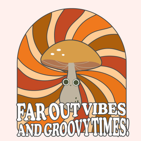 Groovy tshirt poster lettering, hippie, joy. vector illustration. Fly mushroom, mushrooms, psychedelicのイラスト素材