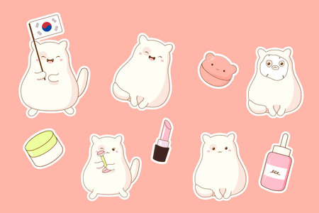 set of stickers cute korean cat and cosmetics. Vector illustration on beのイラスト素材