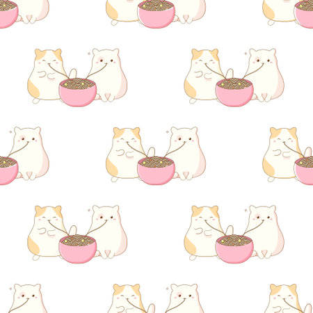 Cute cats eating korean chinese noodles pattern seamless. vector illustrationのイラスト素材