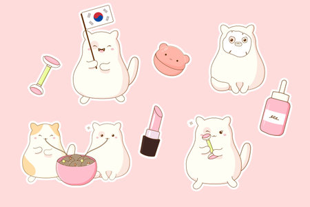set of stickers cute korean cat and cosmetics. Vector illustration on beのイラスト素材