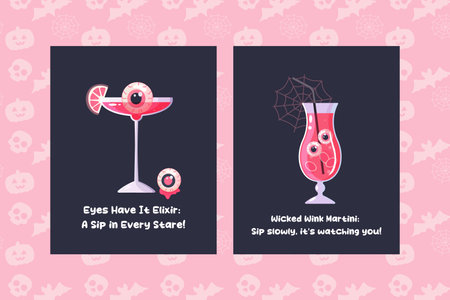 Pink Halloween poster, cocktail, girl, caption, lettering, funny caption. vector illustrationのイラスト素材