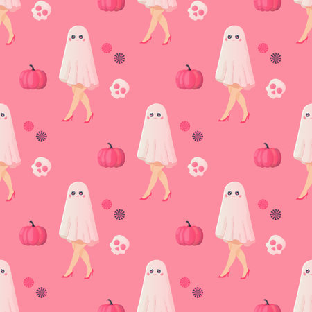 Seamless pattern pink ghost girl glamor, pumpkin, cocktail, Halloween party. vector illustrationのイラスト素材