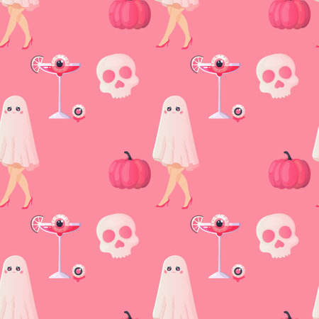 Halloween seamless pattern girly pink doll and pumpkin glamor. vector illustrationのイラスト素材