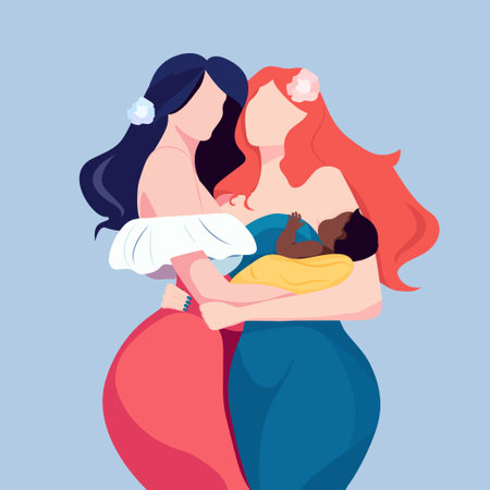 Two white black girls, women holding a baby in their arms, girlfriends, friends, gay, lesbian. Racial equality, skin color, difference. vector illustrationのイラスト素材