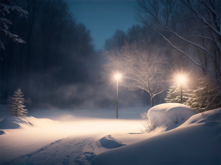 snowy winter evening background, fanlights, night and snow and driftsの素材