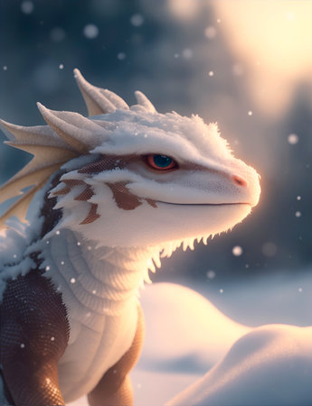 cute dragon in snow symbol of 2024, realistic, background, snowflakes cinematic lightの素材
