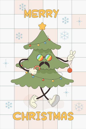 Groovy greeting card character happy new year, merry Christmas. Hippie christmas tree vector illustrationのイラスト素材