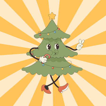 groovy xmas tree hippie, character pacing. New Years Vector illustrationのイラスト素材
