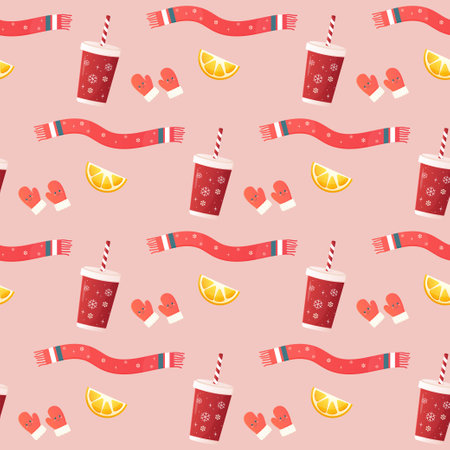 Seamless pattern cozy with winter accessories, jumper, hat, scarf, mugs. christmas and new year