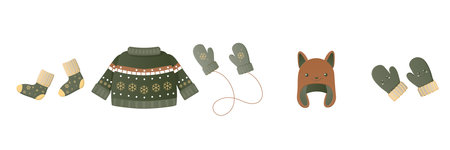winter accessories, green, hat, mittens, socks, vector illustrationのイラスト素材