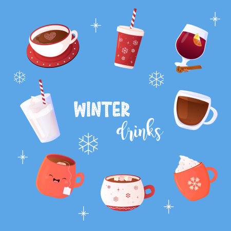 Winter drinks, tea, coffee, set, clip art, mulled wine, mursmallow and lettering vector illustrationのイラスト素材