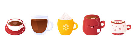 set of winter warm drinks vector illustration. coffee, tea, mulled wine, eggnogのイラスト素材