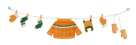 stay warm, clothes, accessories winter socks, jumper, hat. Vector illustrationのイラスト素材