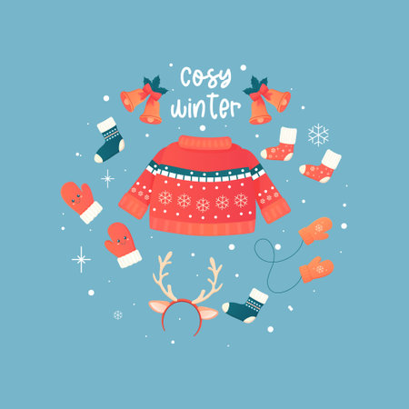 stay warm, clothes, accessories winter socks, jumper, hat. Vector illustrationのイラスト素材