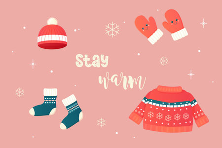 stay warm, clothes, accessories winter socks, jumper, hat. Vector illustrationのイラスト素材