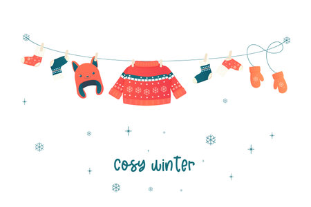 stay warm, clothes, accessories winter socks, jumper, hat. Vector illustrationのイラスト素材