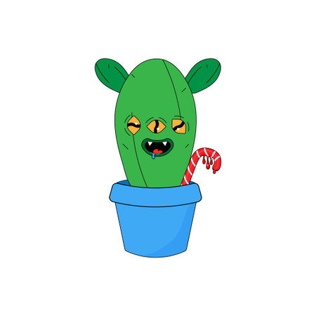 Christmas cactus psychedelic potted groovy cactus with candy. Vector illustrationのイラスト素材