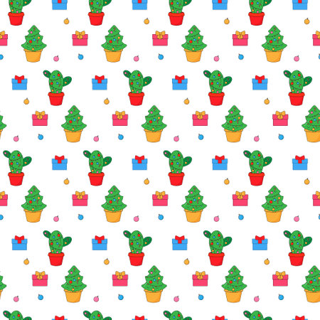 Christmas, new year, eco cactus and gifts. In psychedelic groovy style. Seamless pattern on fabric, wrapping paper, bedding, clothing.のイラスト素材