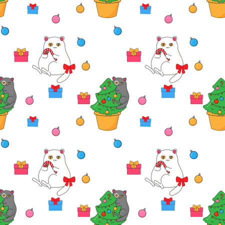 The cat and the Christmas tree, the cactus eco tree. In psychedelic groovy style. Seamless pattern on fabric, wrapping paper, bedding, clothing.のイラスト素材