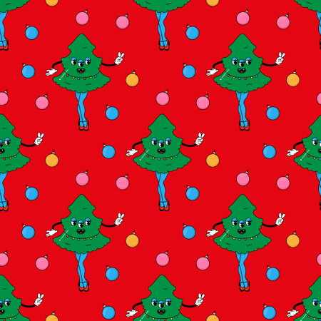 Christmas tree. In psychedelic groovy style. Seamless pattern on fabric, wrapping paper, bedding, clothing.のイラスト素材
