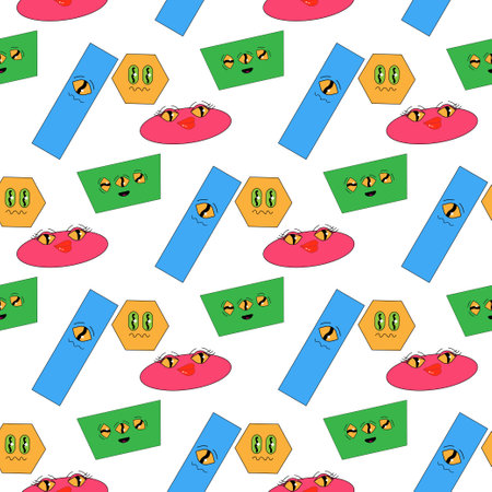 Geometric seamless psychedelic groovy pattern. different shapes. square, rectangle, circle, triangle, star characters with eyes, aliveのイラスト素材
