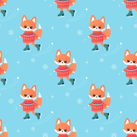winter sports fox on skis, sledge, snowboard, skates. seamless pattern. on blue backgroundのイラスト素材