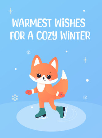 winter card, greeting, new year and christmas. with a cute fox. skating, sledging, skiing. vector illustrationのイラスト素材