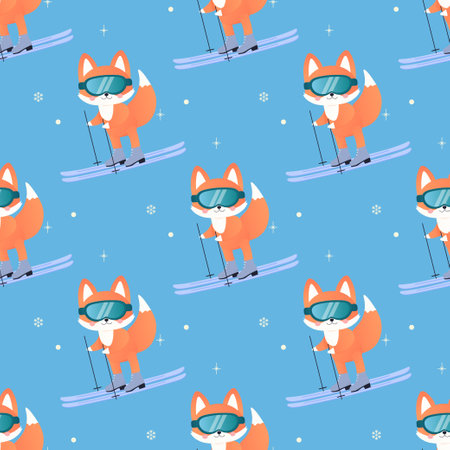 winter sports fox on skis, sledge, snowboard, skates. seamless pattern. on blue backgroundのイラスト素材