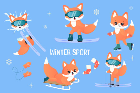 winter sports set. fox on skis, sledge, snowboard, skates. Vector illustrationのイラスト素材