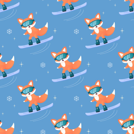 winter sports fox on skis, sledge, snowboard, skates. seamless pattern. on blue backgroundのイラスト素材