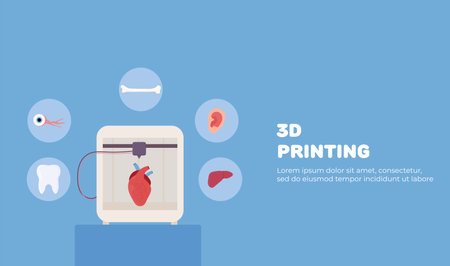 web banner set 3d printing, bioprinting, artificial organs, prosthetics, synthetic. Liver, arm, ear, eye, bone, heart. Vector illustrationのイラスト素材