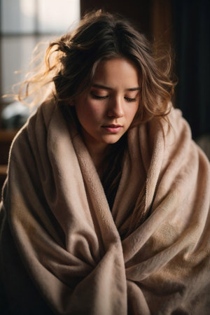 a girl sick, not feeling well, with a tissue, in a blanket.の素材