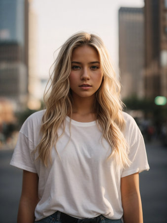 Girl, beautiful blonde woman poses smiling. mockup of white women's t-shirtの素材
