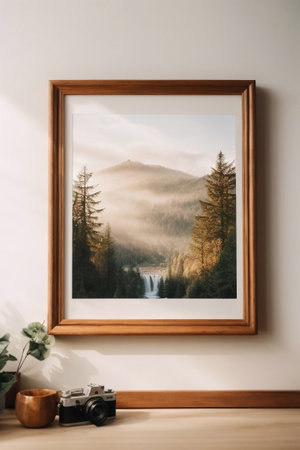 Mocap picture on white wall, poster, picture, photo. Realistic white wooden blank frameの素材