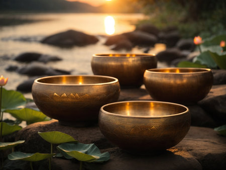singing bowls, meditation and lotuses, crystals. Energy healing, peace against the backdrop of nature. with incenseの素材