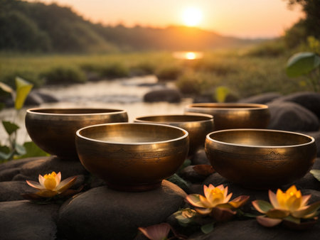 singing bowls, meditation and lotuses, crystals. Energy healing, peace against the backdrop of nature. with incenseの素材