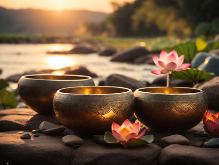 singing bowls, meditation and lotuses, crystals. Energy healing, peace against the backdrop of nature. with incenseの素材