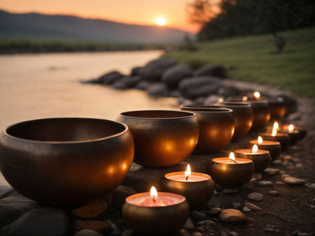 singing bowls, meditation and lotuses, crystals. Energy healing, peace against the backdrop of nature. with incenseの素材