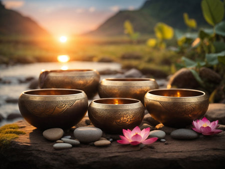 singing bowls, meditation and lotuses, crystals. Energy healing, peace against the backdrop of nature. with incenseの素材