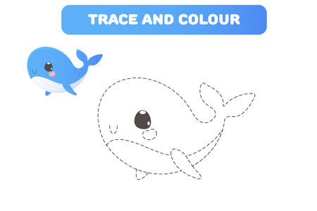 Educational game for children "Connect the Dots" for handwriting practice coloring book, trace and color with cute sea character whaleのイラスト素材