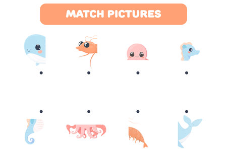 Cartoon illustration of the learning task of matching half pictures with funny sea animal charactersのイラスト素材