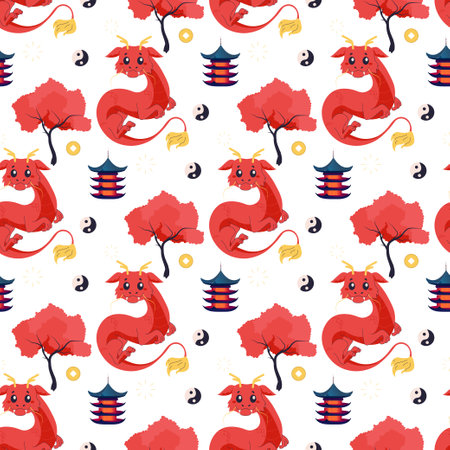 Seamless pattern chinese dragon, red cute 2024. Vector cartoon illustrationのイラスト素材