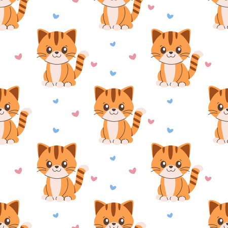 Seamless pattern of kitty, cat, kitten and hearts, cute. Vector illustration white backgroundのイラスト素材
