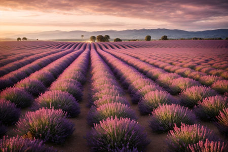 lavender fields at sunset, mountain lavender flower plantationsの素材