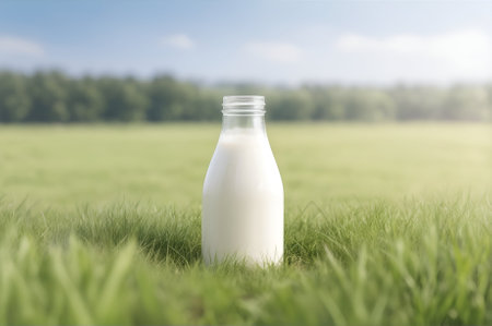 Mockup milk bottle on farm background, glass bottle,の素材