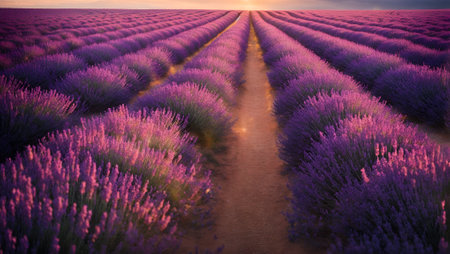 lavender fields at sunset, mountain lavender flower plantationsの素材