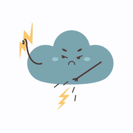 Weather cartoon character angry cloud throwing lightning, vector illustration on white isolated backgroundのイラスト素材