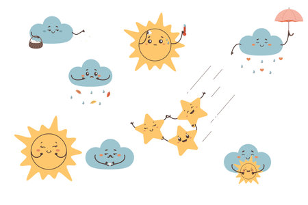 Weather cartoon character set clip art, vector illustration on white isolated backgroundのイラスト素材