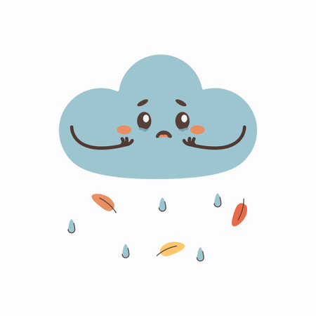 Weather cartoon character cute autumn cloud crying rain, vector illustration on white isolated backgroundのイラスト素材