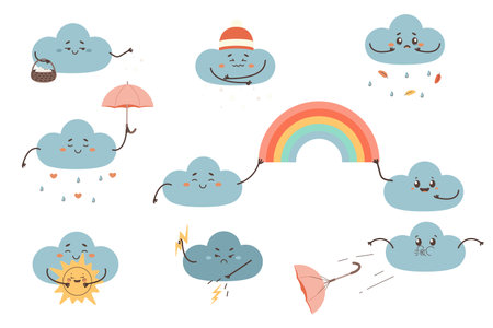 Weather cartoon character set clip art, vector illustration on white isolated backgroundのイラスト素材